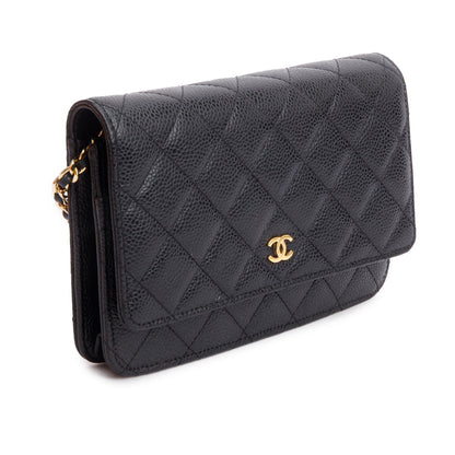 Chanel Black Quilted Caviar Leather Classic Wallet on Chain