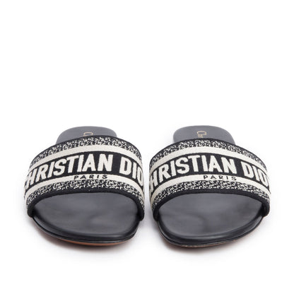 Christian Dior Black Embroidered Cotton Heeled Dway Slide, Size 38.5