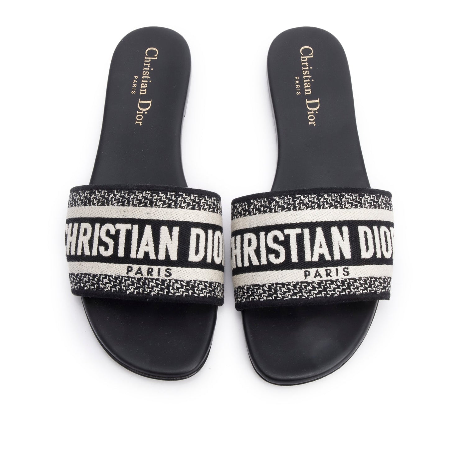 Christian Dior Black Embroidered Cotton Heeled Dway Slide, Size 38.5