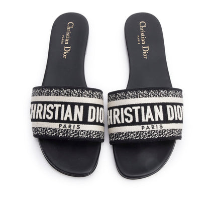 Christian Dior Black Embroidered Cotton Heeled Dway Slide, Size 38.5