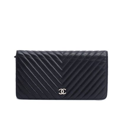 Chanel Black Lambskin Chevron Bi-Fold Wallet