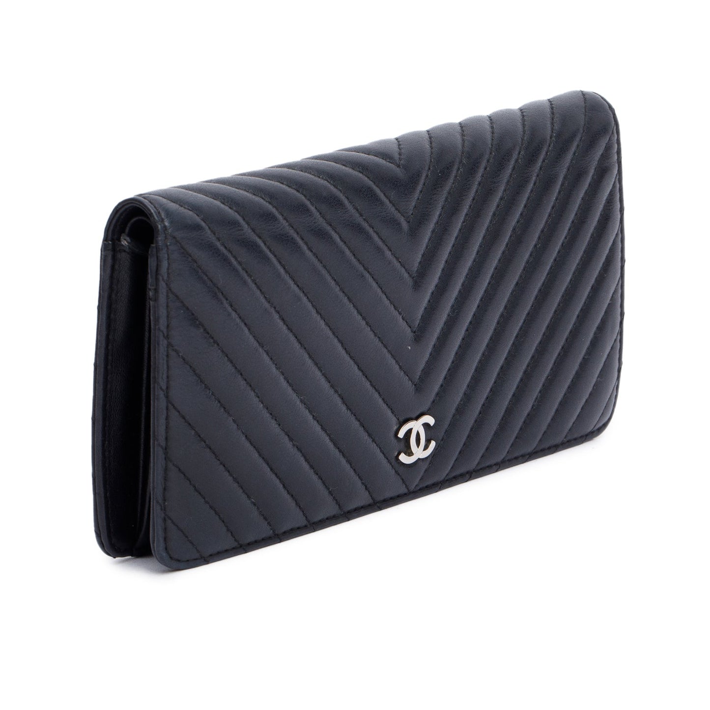 Chanel Black Lambskin Chevron Bi-Fold Wallet