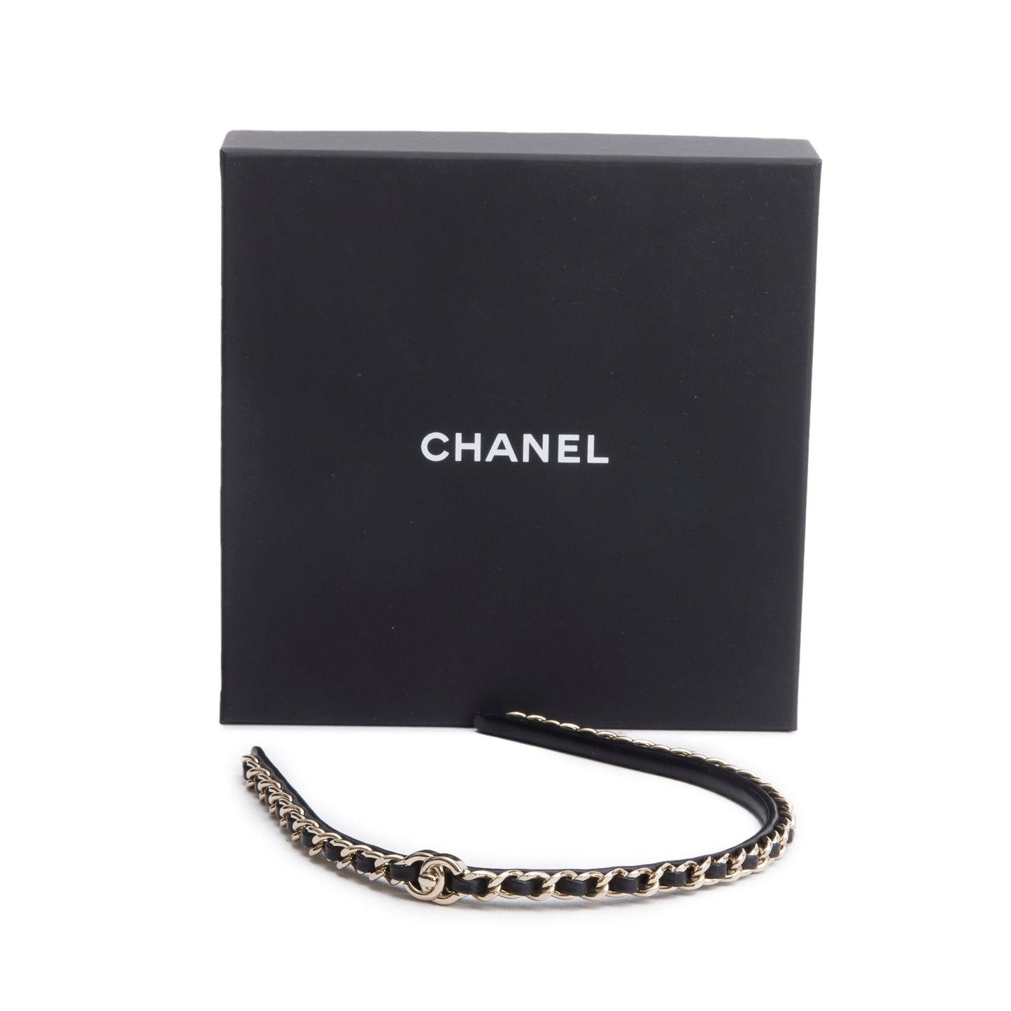 Chanel Black Leather Interlocking CC Chain-Link Head Band