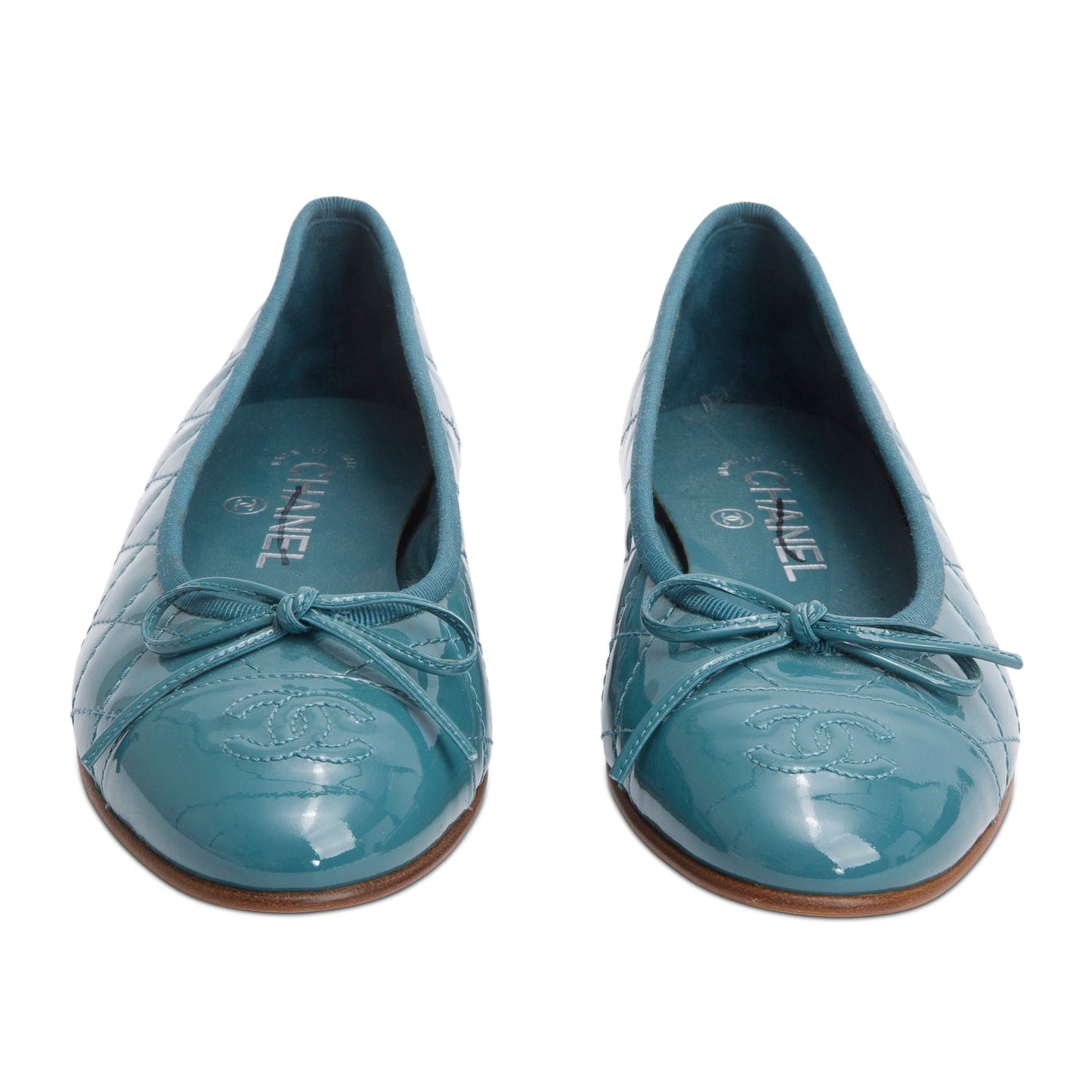 Chanel Teal Quilted Patent Leather Interlocking CC Logo Flats, Size 37