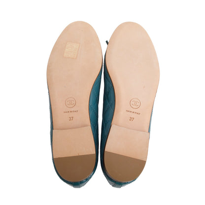 Chanel Teal Quilted Patent Leather Interlocking CC Logo Flats, Size 37