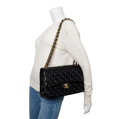 Chanel Black Quilted Lambskin Leather Classic Jumbo Double Flap Bag