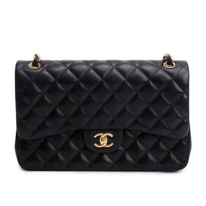 Chanel Black Quilted Lambskin Leather Classic Jumbo Double Flap Bag