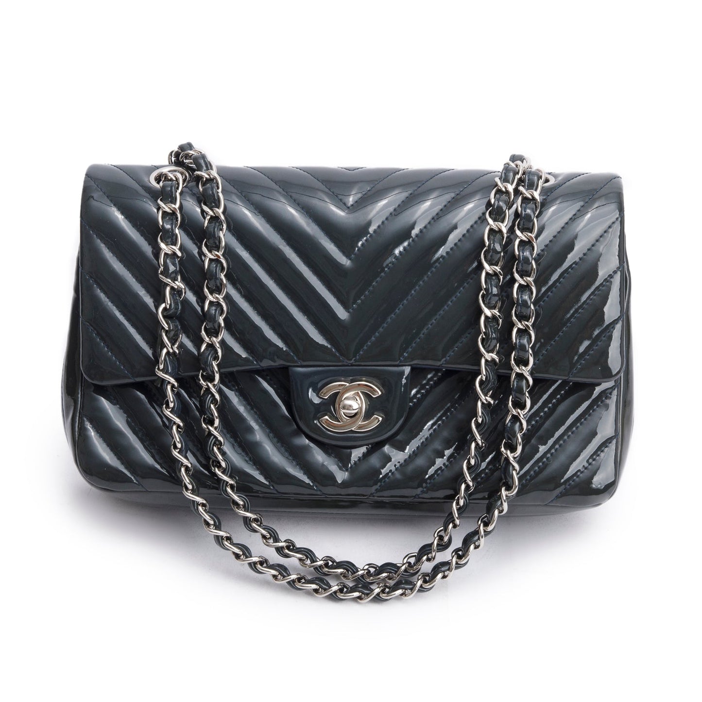 Chanel Grey Chevron Quilted Patent Leather Classic Medium Double Flap Bag