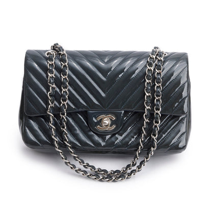 Chanel Grey Chevron Quilted Patent Leather Classic Medium Double Flap Bag