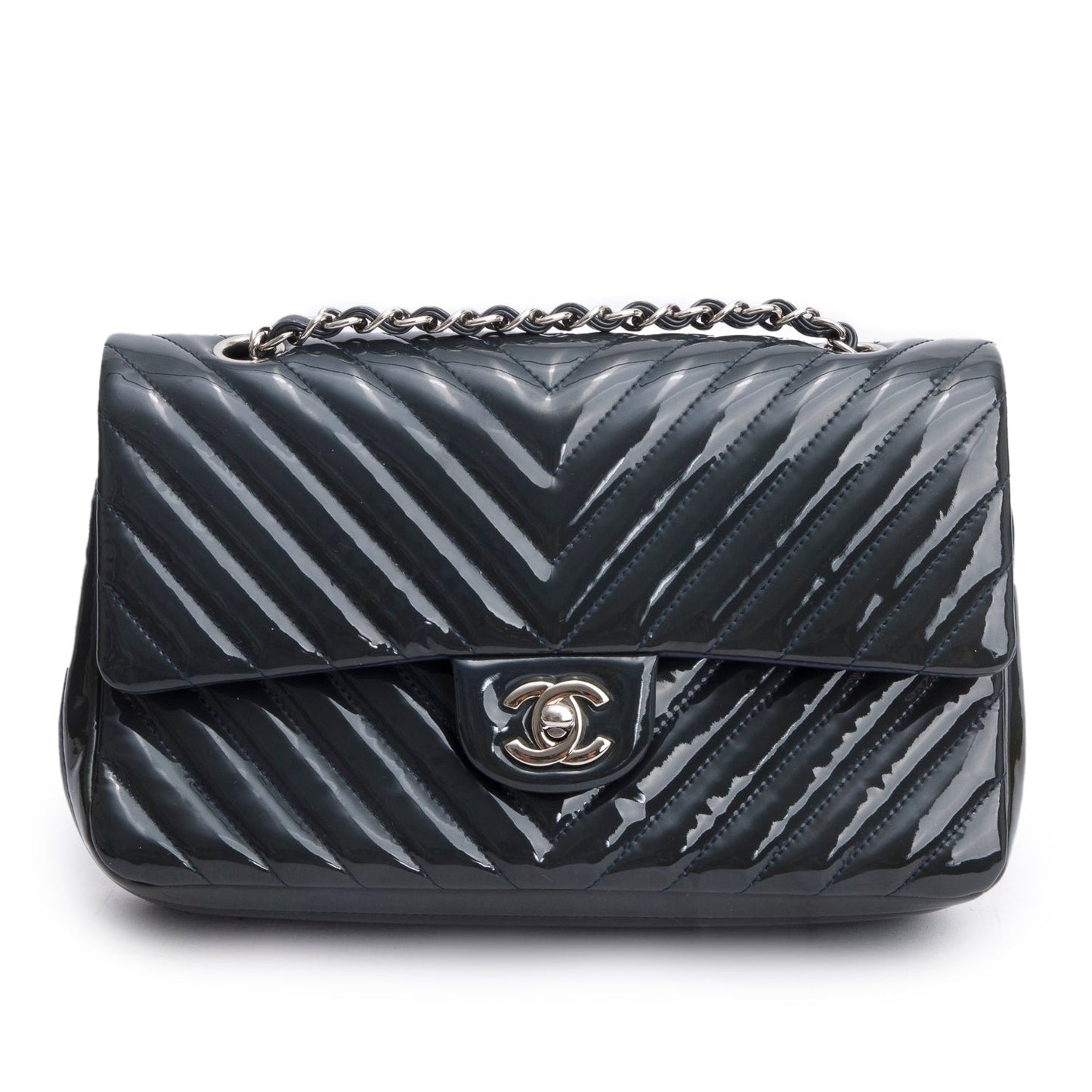 Chanel Grey Chevron Quilted Patent Leather Classic Medium Double Flap Bag