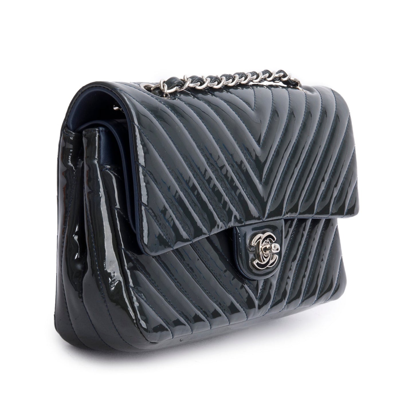 Chanel Grey Chevron Quilted Patent Leather Classic Medium Double Flap Bag