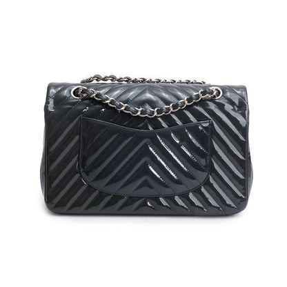 Chanel Grey Chevron Quilted Patent Leather Classic Medium Double Flap Bag
