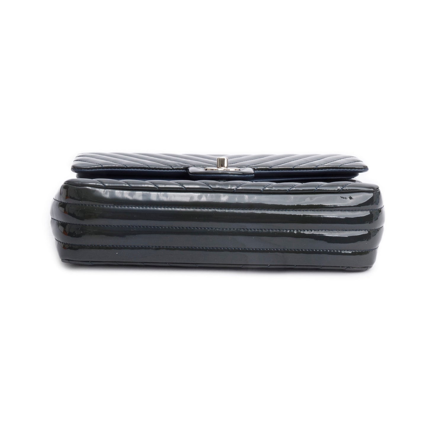 Chanel Grey Chevron Quilted Patent Leather Classic Medium Double Flap Bag