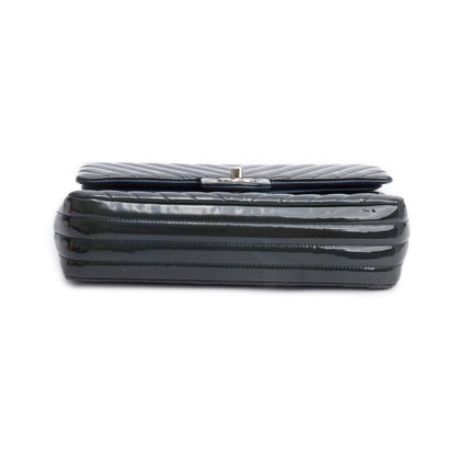Chanel Grey Chevron Quilted Patent Leather Classic Medium Double Flap Bag