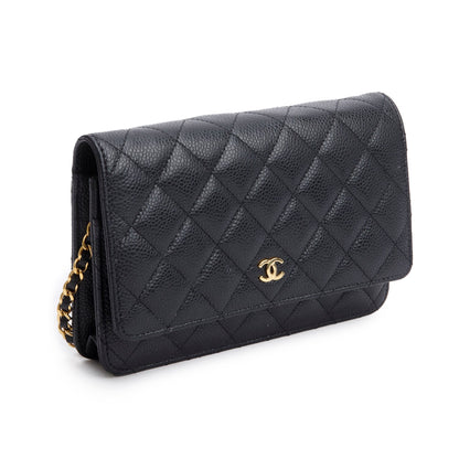 Chanel Black Quilted Caviar Leather Classic Wallet on Chain