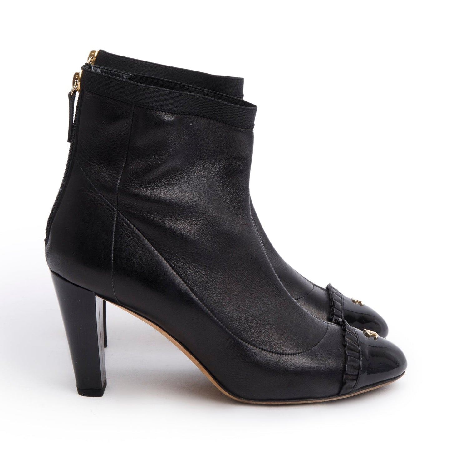 Chanel Black Leather Interlocking CC Logo Ruffled Ankle Boots, Size 39