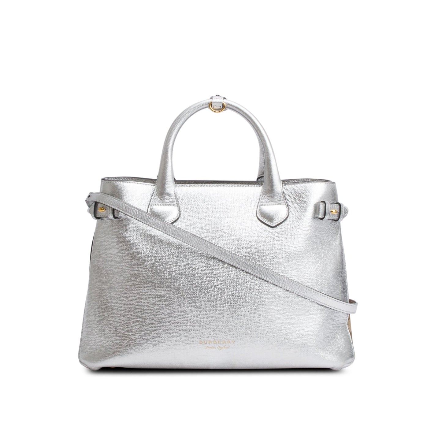Burberry Metallic Silver Calfskin Leather House Check Medium Banner Tote