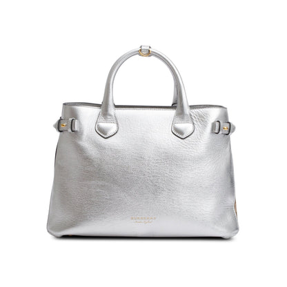Burberry Metallic Silver Calfskin Leather House Check Medium Banner Tote