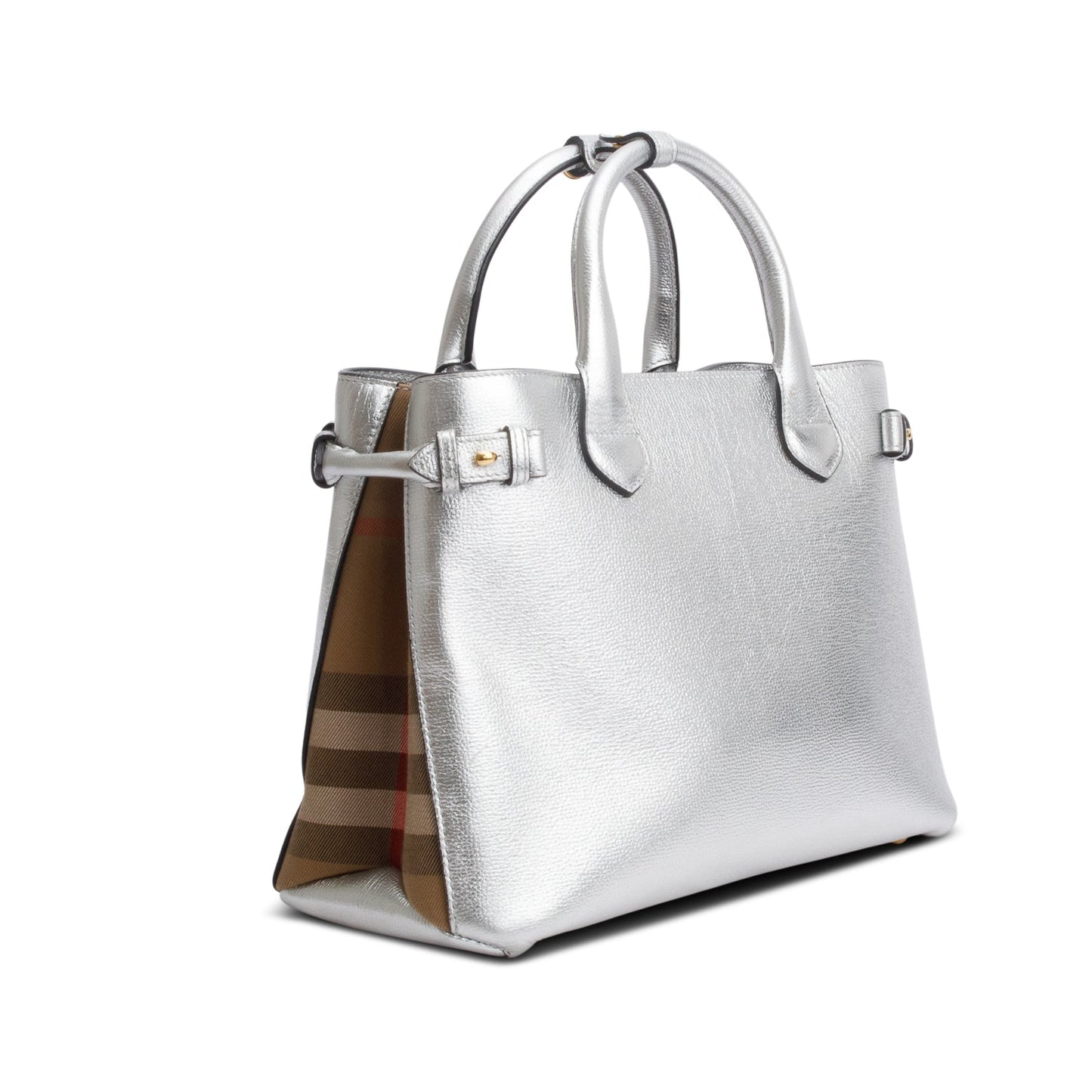 Burberry Metallic Silver Calfskin Leather House Check Medium Banner Tote