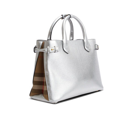 Burberry Metallic Silver Calfskin Leather House Check Medium Banner Tote