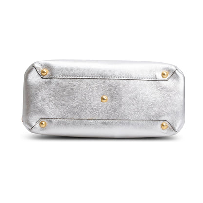 Burberry Metallic Silver Calfskin Leather House Check Medium Banner Tote