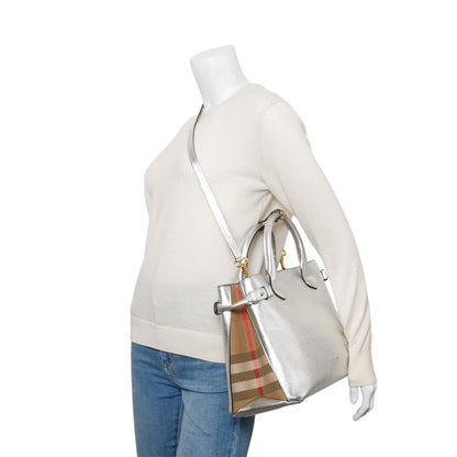 Burberry Metallic Silver Calfskin Leather House Check Medium Banner Tote