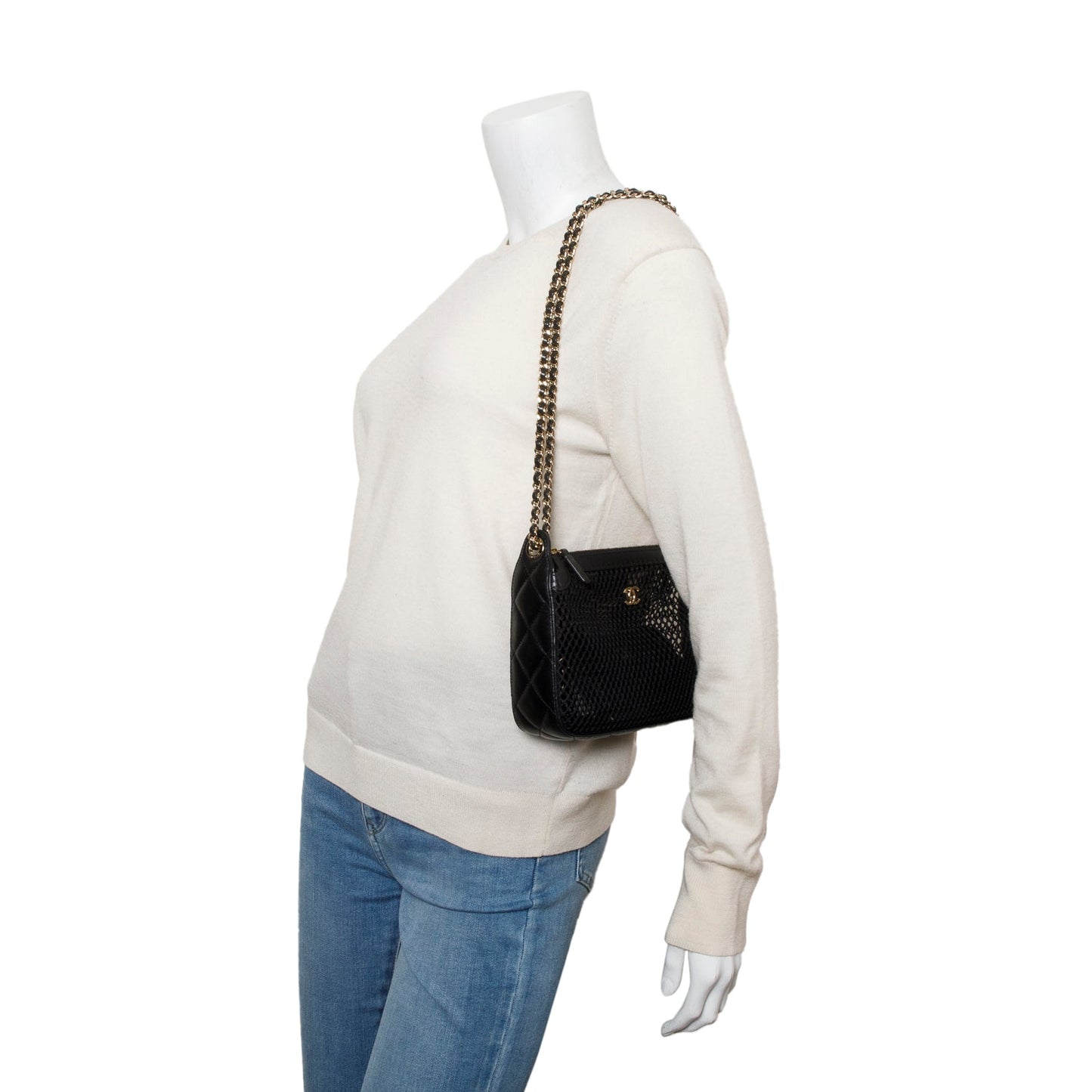 Chanel 2025 Black Mesh Shiny Lambskin Clutch Chain Bag