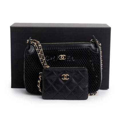 Chanel 2025 Black Mesh Shiny Lambskin Clutch Chain Bag