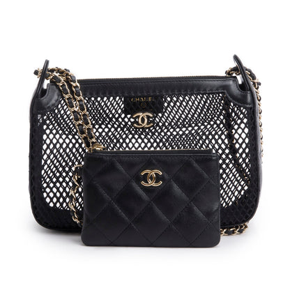 Chanel 2025 Black Mesh Shiny Lambskin Clutch Chain Bag