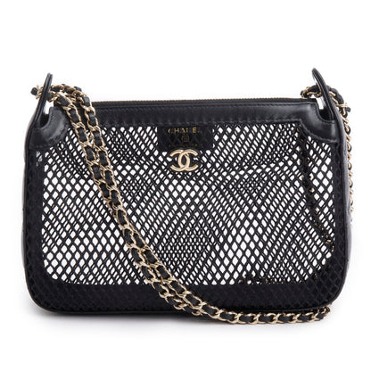 Chanel 2025 Black Mesh Shiny Lambskin Clutch Chain Bag