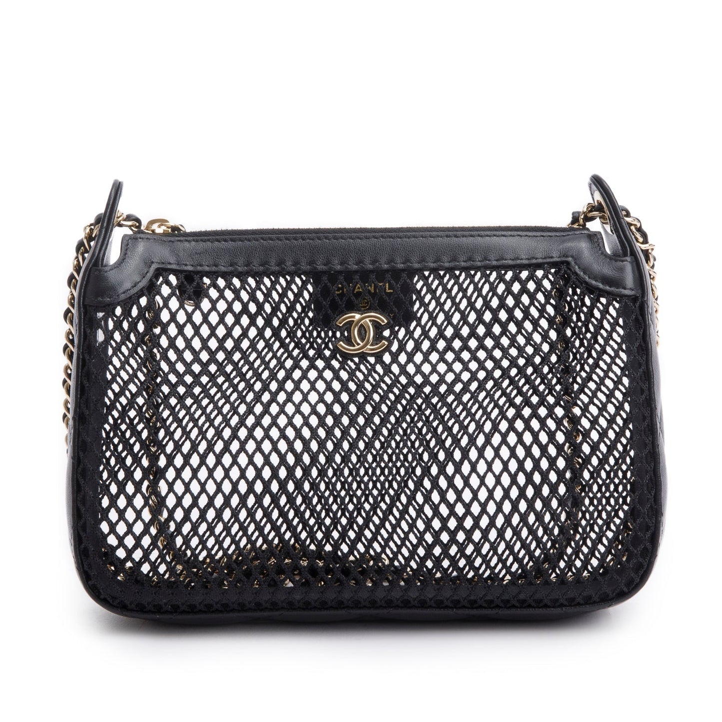 Chanel 2025 Black Mesh Shiny Lambskin Clutch Chain Bag