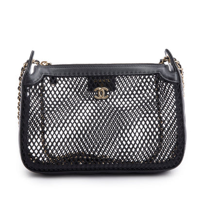 Chanel 2025 Black Mesh Shiny Lambskin Clutch Chain Bag