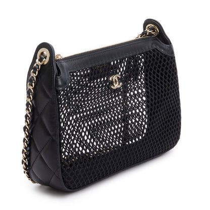 Chanel 2025 Black Mesh Shiny Lambskin Clutch Chain Bag