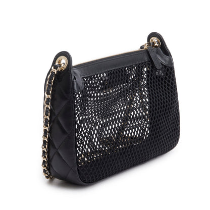 Chanel 2025 Black Mesh Shiny Lambskin Clutch Chain Bag