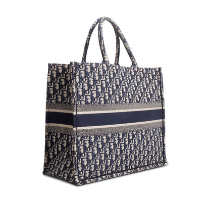 Christian Dior Ecru and Blue Dior Oblique Embroidery Large Book Tote