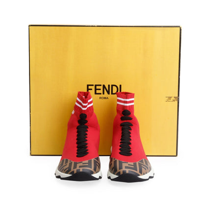 Fendi Red Stretch Knit FF Zucca Calfskin Mania Sock Sneakers, Size 38