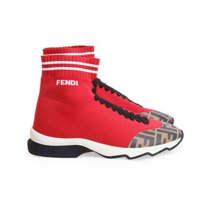 Fendi Red Stretch Knit FF Zucca Calfskin Mania Sock Sneakers, Size 38