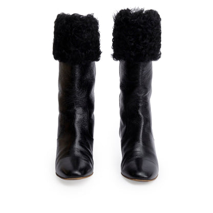 Chanel Black Leather Shearling CC Logo Riding Boots, Size 39.5