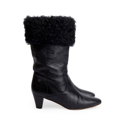 Chanel Black Leather Shearling CC Logo Riding Boots, Size 39.5