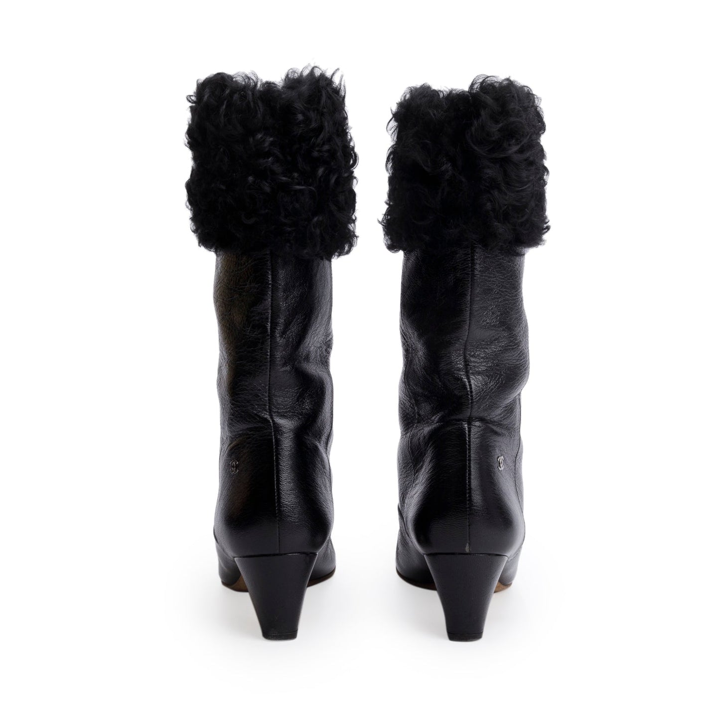 Chanel Black Leather Shearling CC Logo Riding Boots, Size 39.5