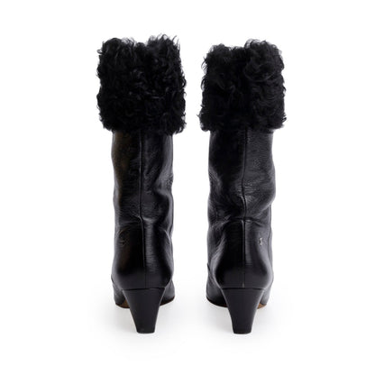Chanel Black Leather Shearling CC Logo Riding Boots, Size 39.5
