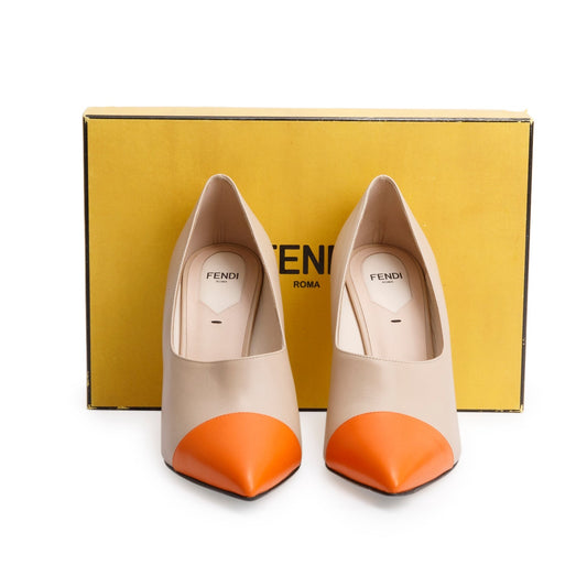 Fendi Beige/Orange Leather Fendi Roma Pointed-Toe Pumps, Size 40