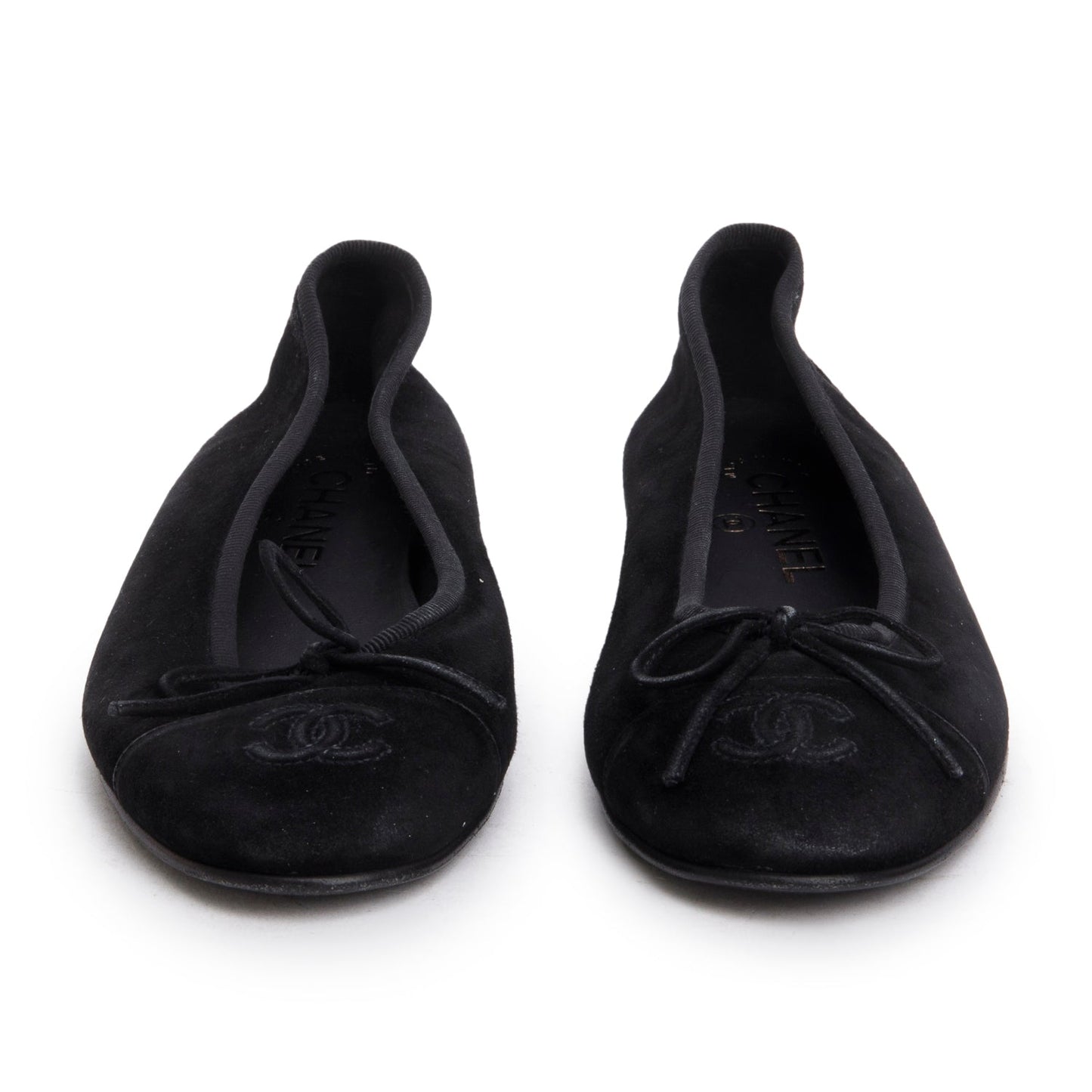 Chanel Black Velvet Interlocking CC Logo Bow Flats, Size 37