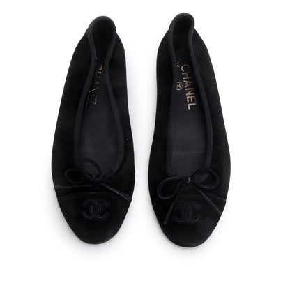 Chanel Black Velvet Interlocking CC Logo Bow Flats, Size 37