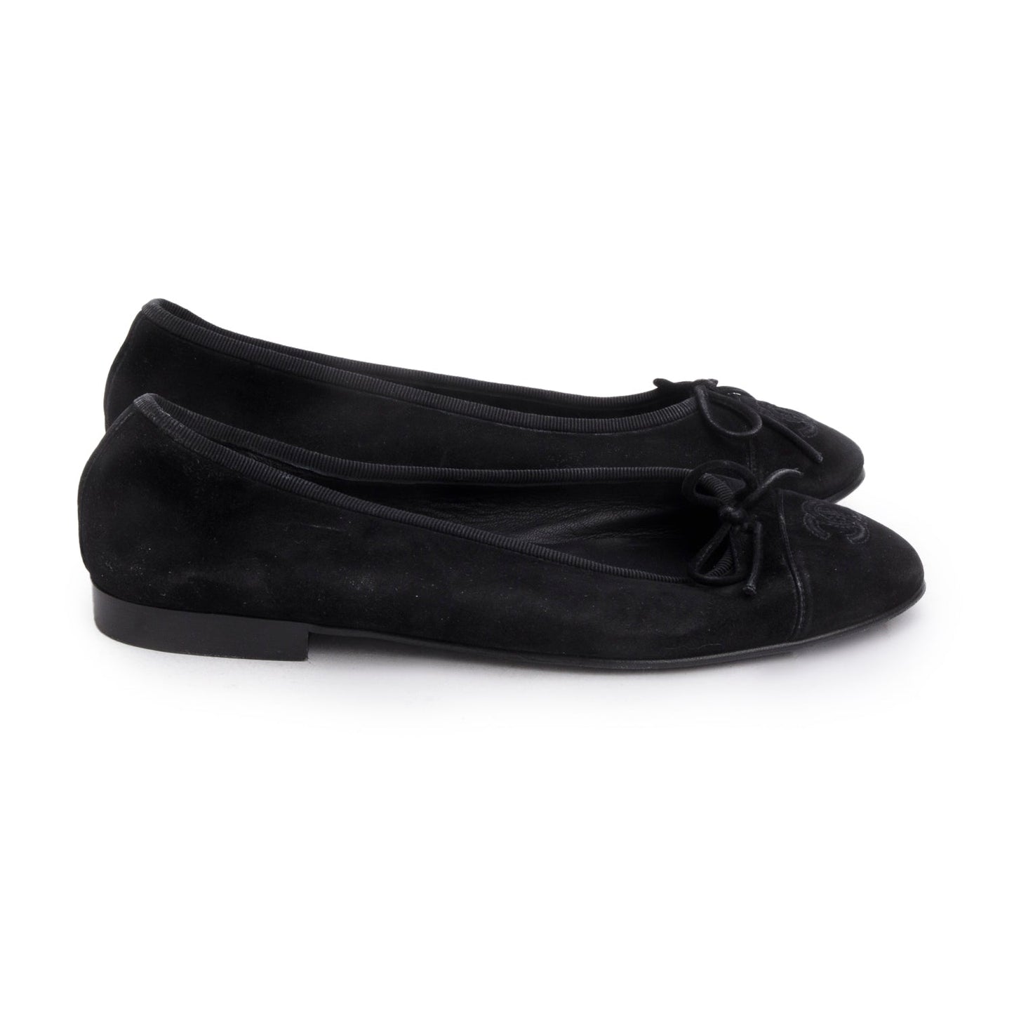 Chanel Black Velvet Interlocking CC Logo Bow Flats, Size 37