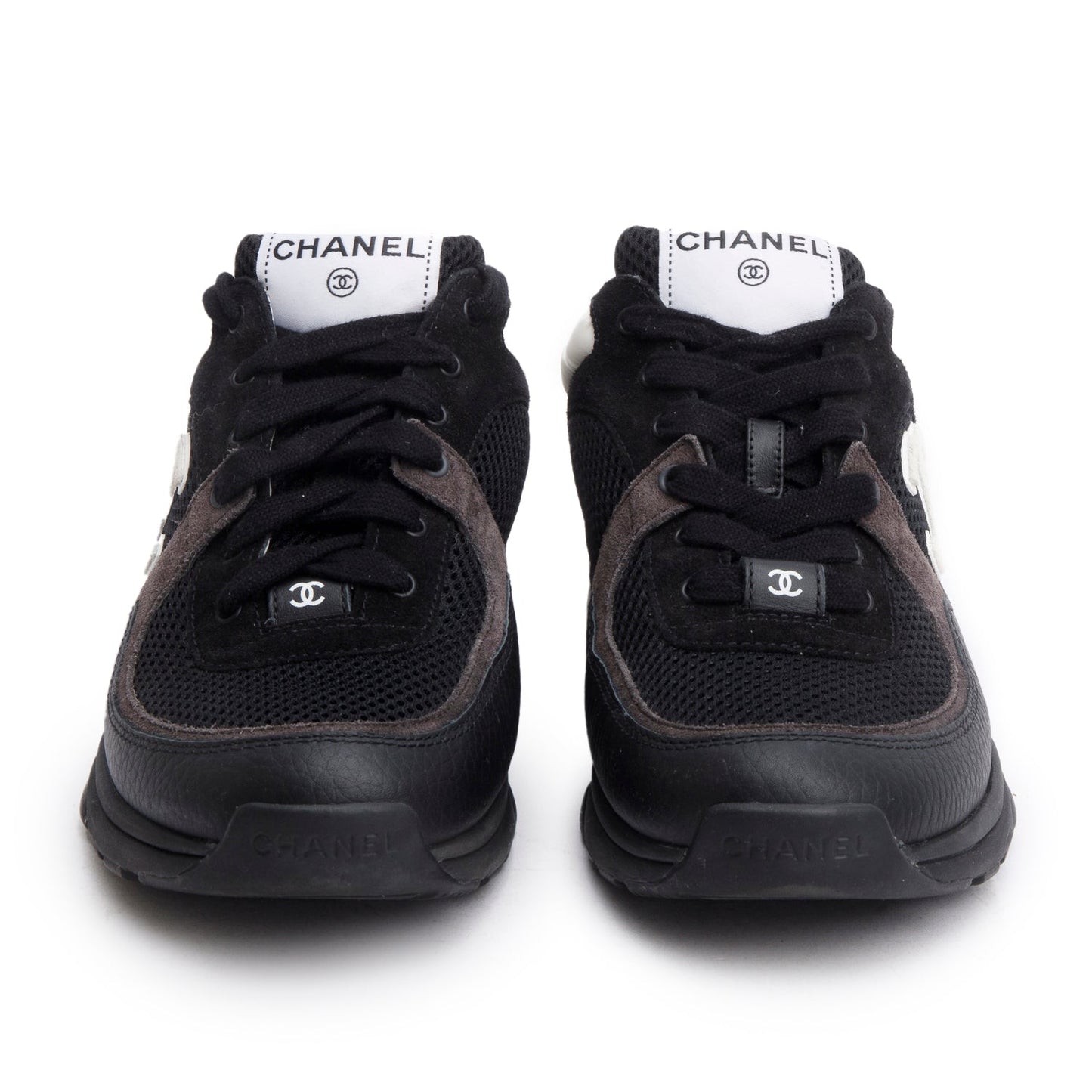 Chanel 2024 Black Calfskin Mesh Suede CC Logo Sneakers, Size 38