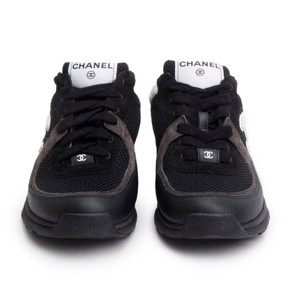 Chanel 2024 Black Calfskin Mesh Suede CC Logo Sneakers, Size 38