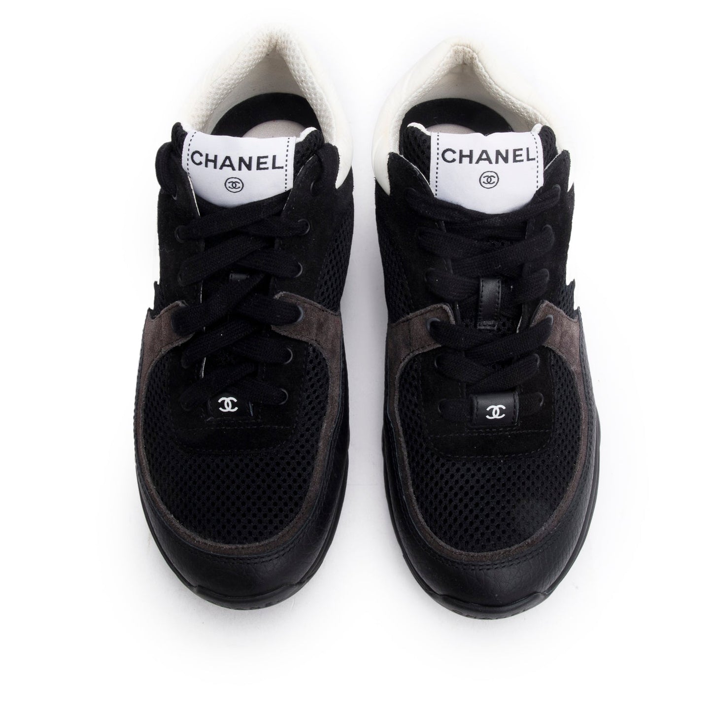 Chanel 2024 Black Calfskin Mesh Suede CC Logo Sneakers, Size 38