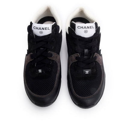 Chanel 2024 Black Calfskin Mesh Suede CC Logo Sneakers, Size 38