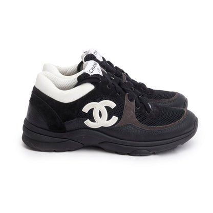 Chanel 2024 Black Calfskin Mesh Suede CC Logo Sneakers, Size 38